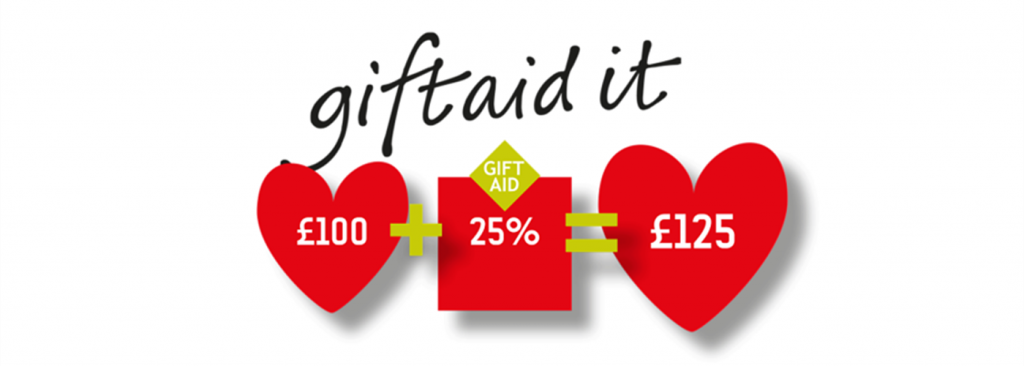 Gift Aid It. A cartoon drawing of a red heart with £100 next to it a red square with 25% on it, which then equals a red heart of £125.