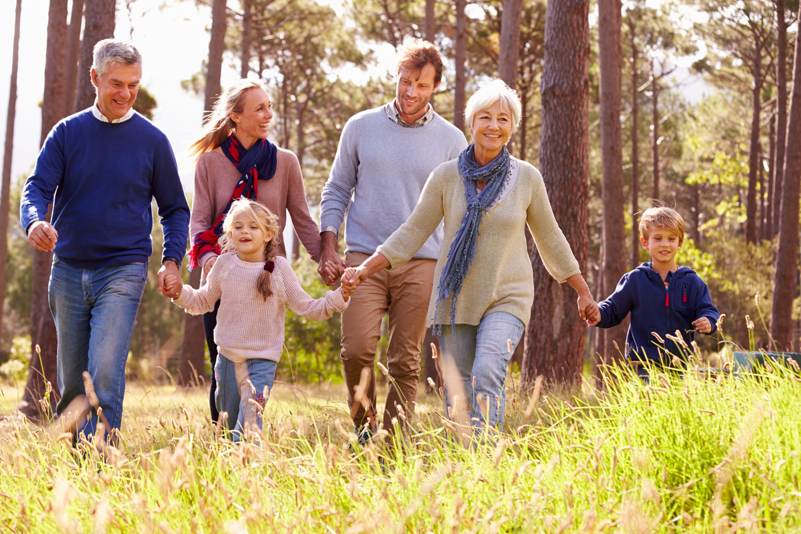 Grandparents, parents and grandchildren walking through the woods.