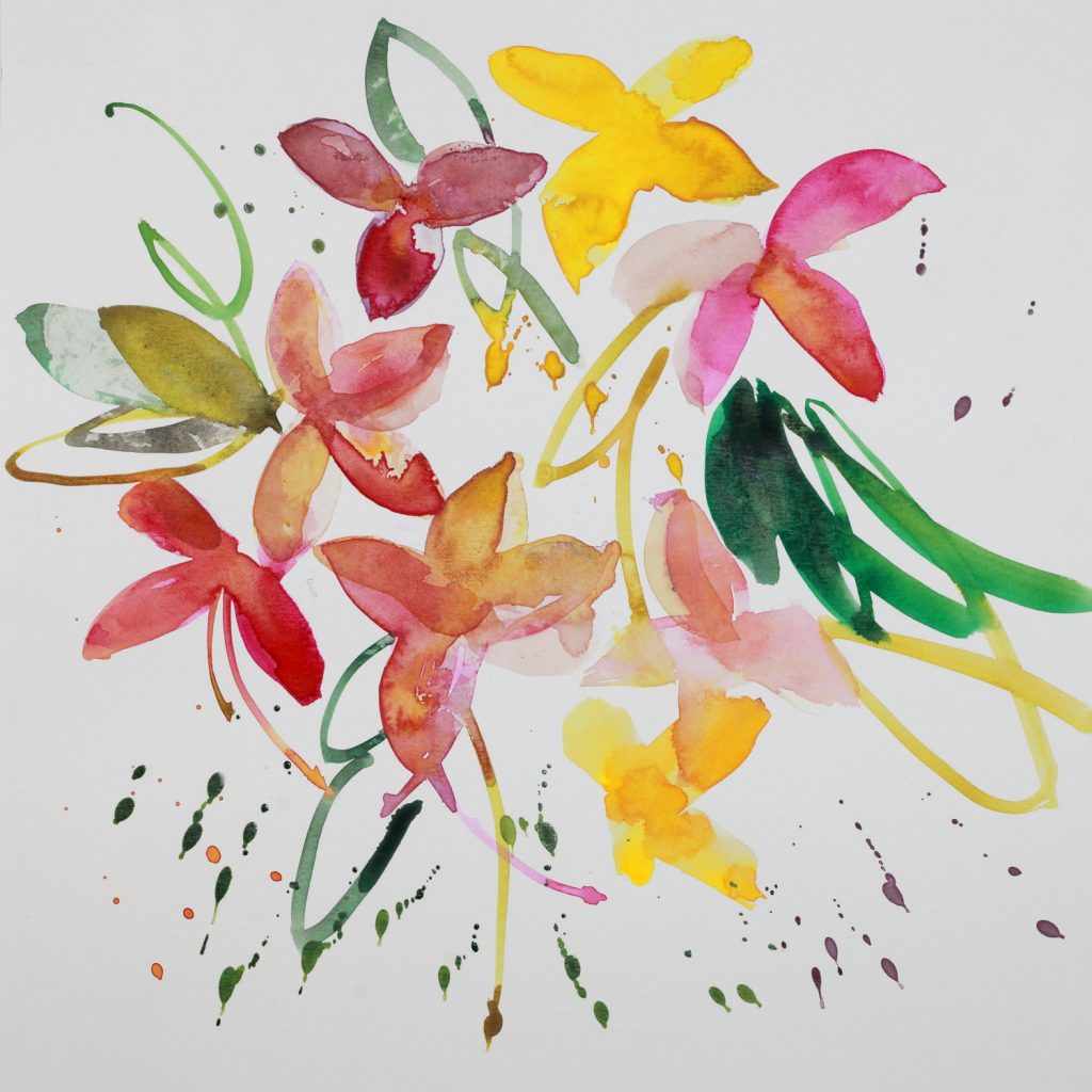 A watercolour design of bright flowers in pink, red and yellow.