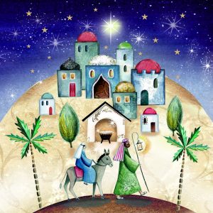 A night sky with a bright star. There is a hill with domed buildings. Mary is on a donkey with Joseph leading them both in the middle of the scene, between two palm trees.