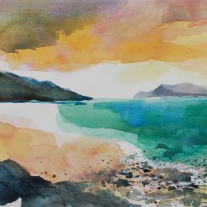 A watercolour seascape of yellow, greens and grey.