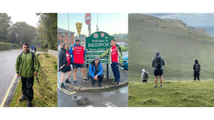 The four walkers standing together in the middle by Bridport sign. On the side is two photos of walking in the rain.