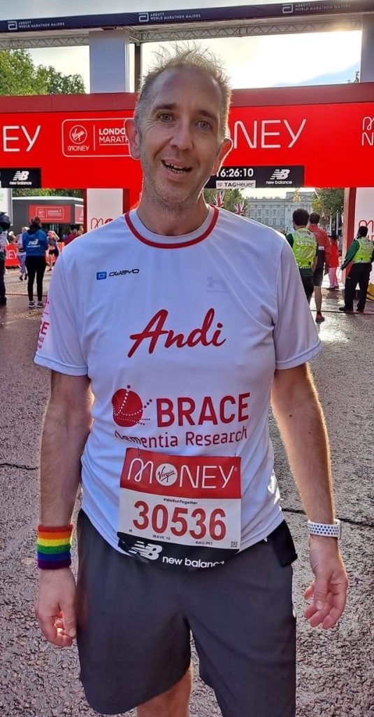 Andi is stood by the finish line of the London Marathon