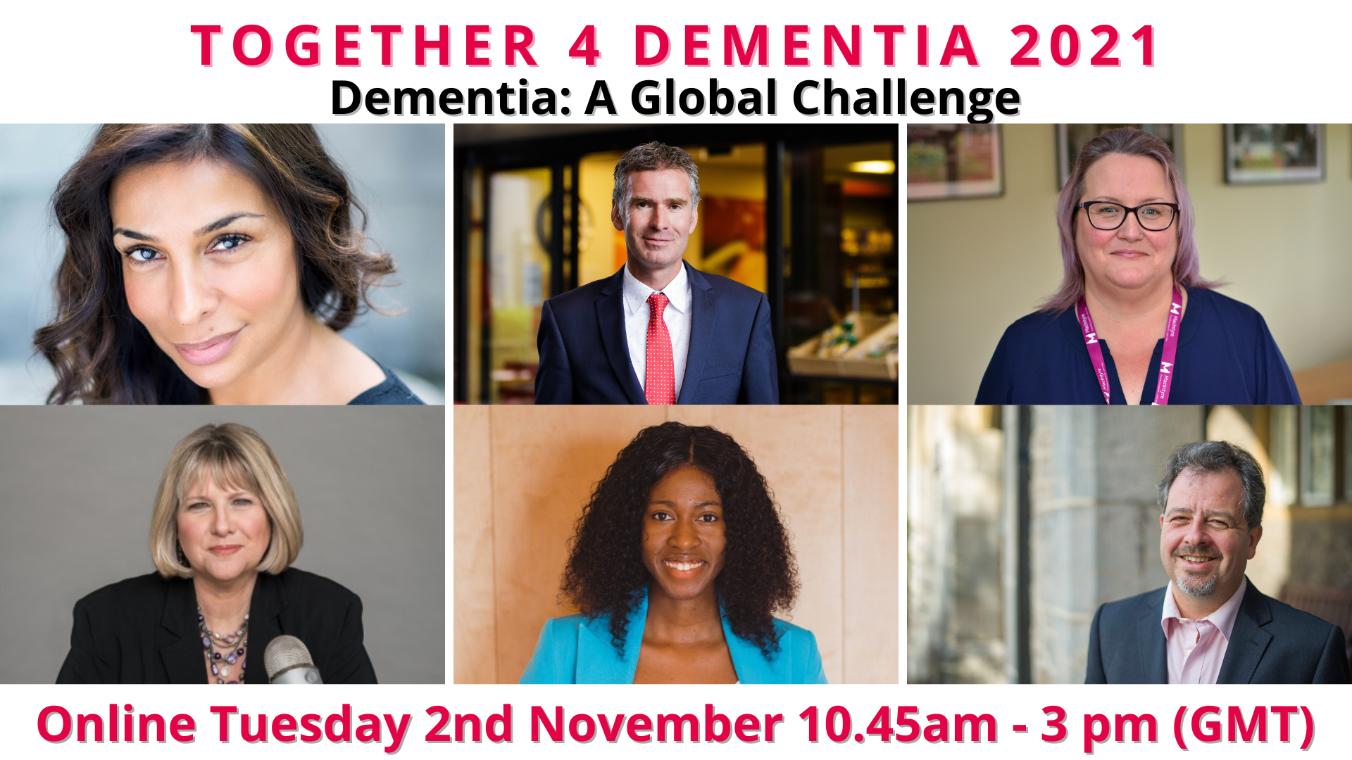 FINAL All speakers Together 4 Dementia 2021 Photos of all six speakers from the conference next to each other.