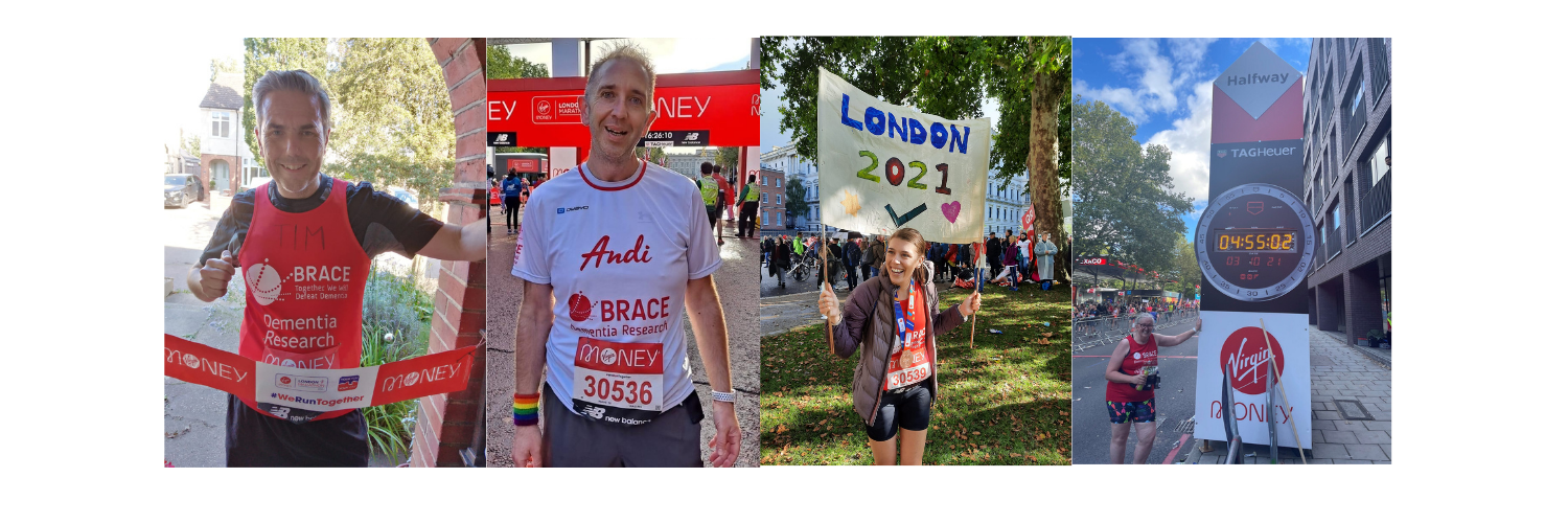 Four of the London Marathon runners in different pictures. They are all wearing BRACE running tops and looking at the camera.