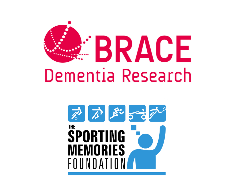BRACE Dementia Research in red on top and below in blue, Sporting Memories Foundation logo.