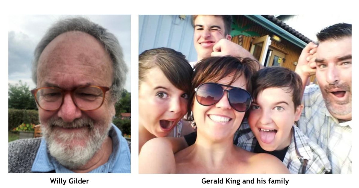 Willy is a white man in his late 50s-60s. He has grey hair and a grey beard. He is wearing brown glasses and he is smiling. To Willy's right is a second photo. Gerald's family. Gerald is on the right, he has short dark hair is smiling, to his left is his son, he also has dark hair and is 10-12 years old, he is sticking his tongue out. Next to his son his is partner. She is wearing sunglasses, smiling and has dark hark. On the far left is their daughter, she is around 12 she has dark hair and her mouth is open in a silly way. At the top of the photo is their eldest son who has pushed his fist into his face and he is smiling with a screwed up face. The photo has lots of energy and fun in it.