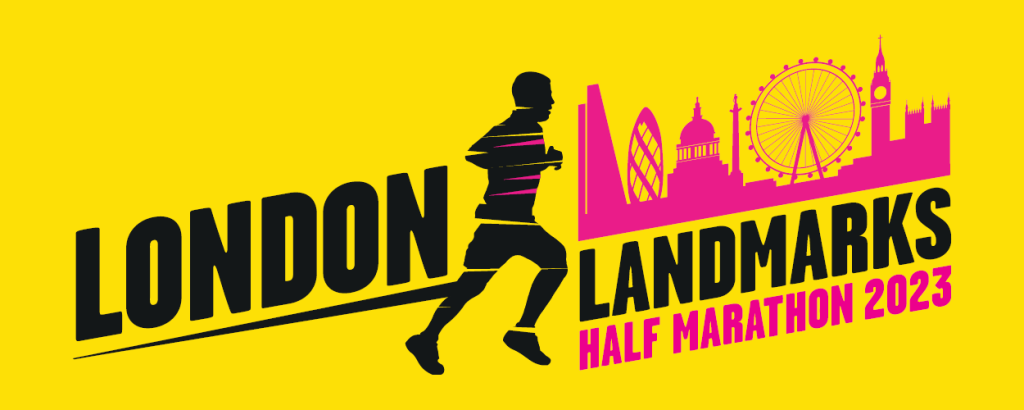 This is a poster in yellow, showing an image of a person running and the logo of london landmarks.
