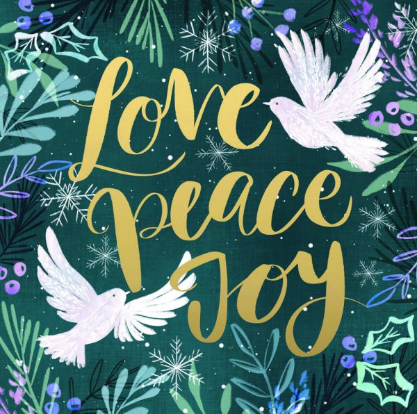 Love, peace and joy. Two doves flying with lots of leaves and holly.