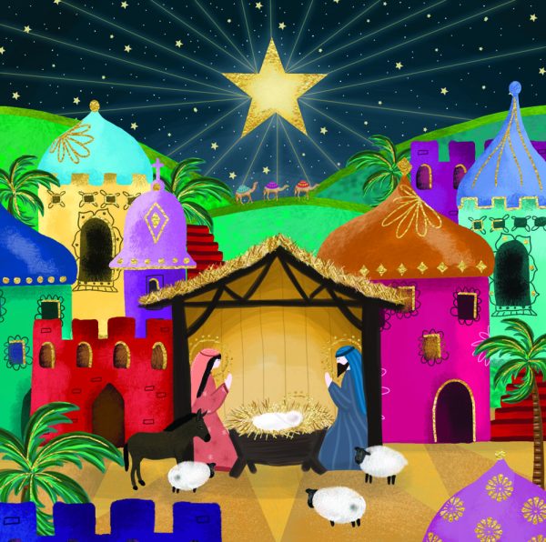 A bright star in a night sky over Bethlehem. There is stable with Mary, Joseph and baby Jesus in a manger.