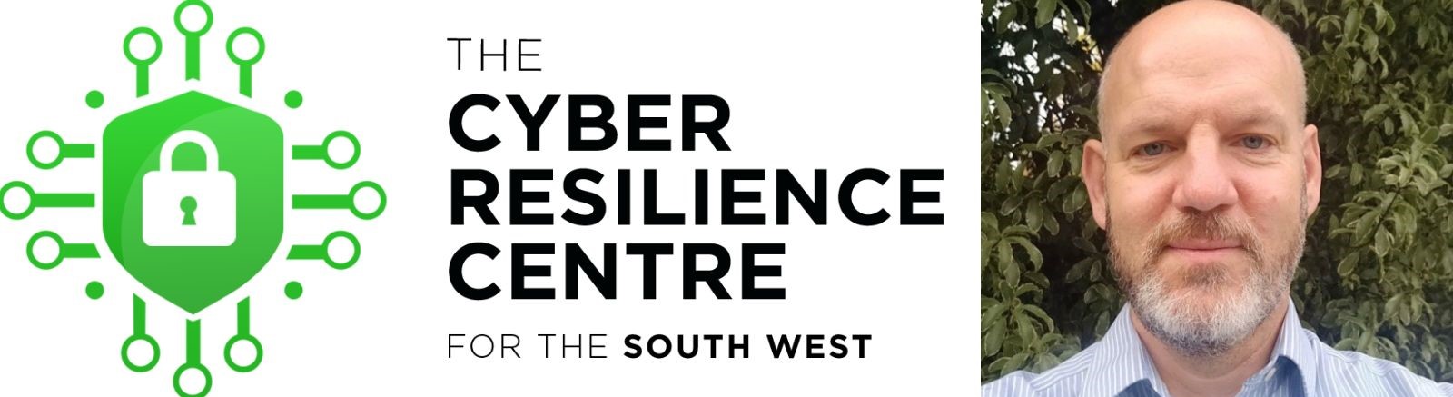 Cyber Resilience Centre logo and an image of speaker Mark Moore. Mark is a white man in his 40s with a bald head and grey beard