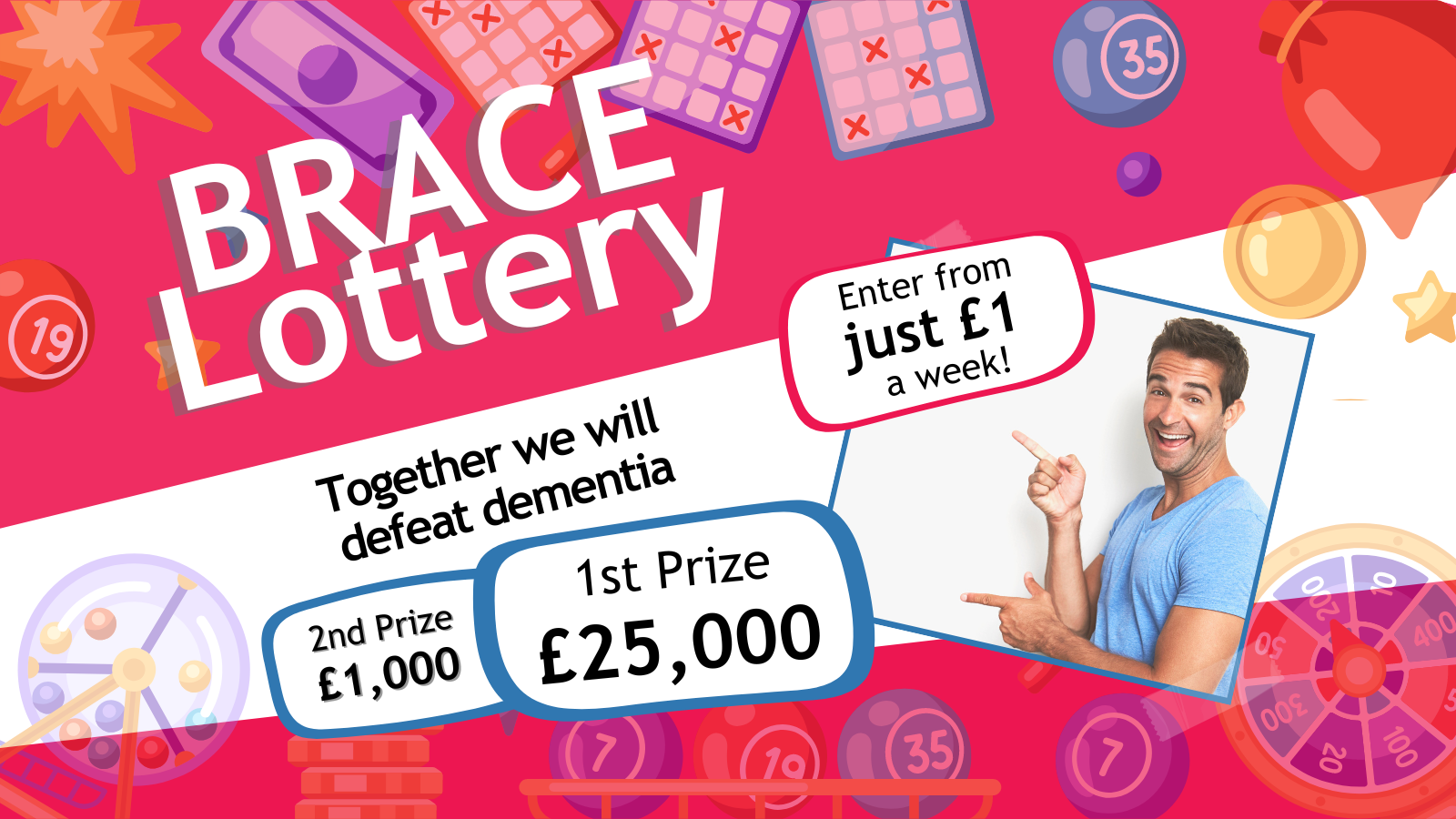 BRACE lottery. Together we will defeat dementia. A red background with lots of lottery balls and lottery tickets. A man is pointing to a sign saying 'from just £1 per week.'