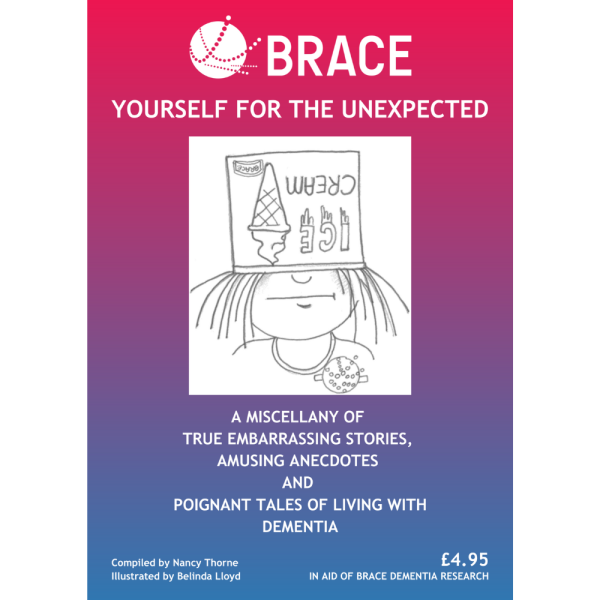 BRACE Yourself for the unexpected. A book cover with a cartoon drawing of a man with an empty box on top oh his head.