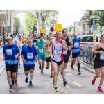 A large group of runners have just runner over a bridge as part of the Amsterdam Marathon race course.