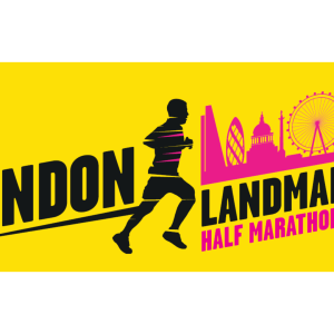 A bright yellow background, showing a drawing of a person running in black and the logo of London landmarks.