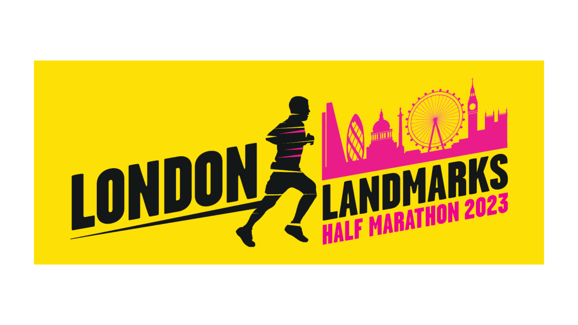 A bright yellow background, showing a drawing of a person running in black and the logo of London landmarks.