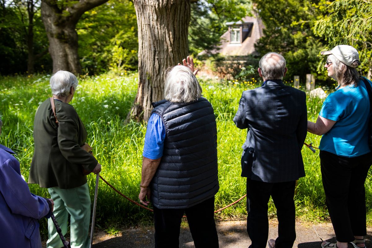 A man and two women look at a tree while listening to a tour guide in the UOB Botanic Gardens.