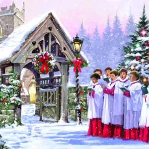 A snowy church scene with Christmas decorations. Church boys are singing.
