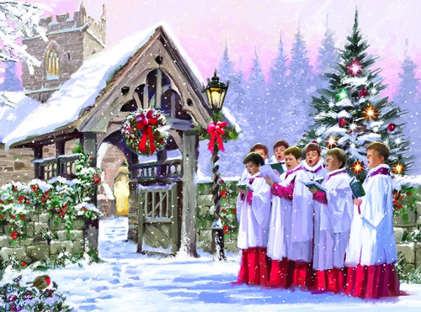 A snowy church scene with Christmas decorations. Church boys are singing.