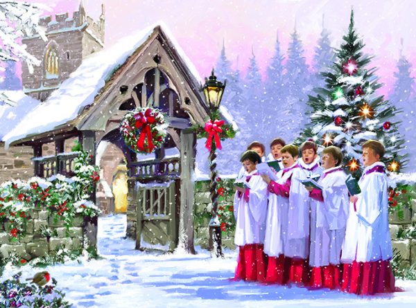 A snowy church scene with Christmas decorations. Church boys are singing.