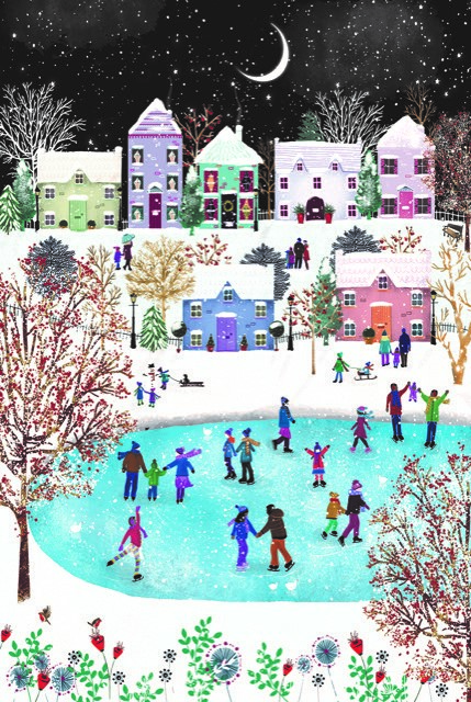 An illustration of a snowy village and lake at night time. Lots of people are ice skating on the lake.