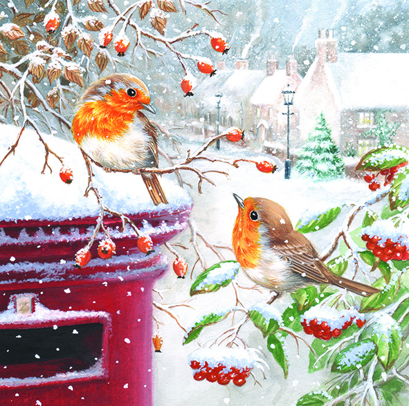 A snowy scene, with two robins on branches next to the top of a red traditional post box.