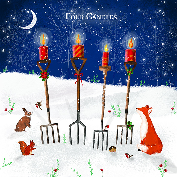 An illustration of a snowy, night scene with animals on a grassy area. Four pitchforks are upright with lit candles on top. The words 'four candles' is written above the pitchforks.