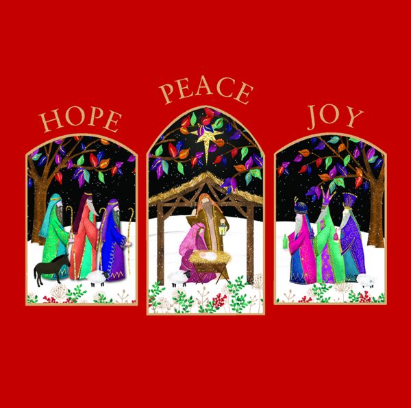 Three window panes with illustrations in each. On the left are three shepperds. In the middle is Mary, Joseph and baby Jesus in a manger with a star in the night sky. On the right are the three wise men carrying gifts. Above the window panes the words 'Hope, Peace and Joy.'
