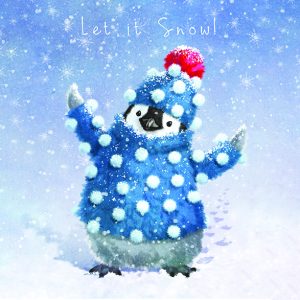 An illustration of a fluffy looking penguin wearing a blue jumper and blue woolly hat. They are stood in the snow with snow falling around them. Above the penguin there is the words 'let it snow!'