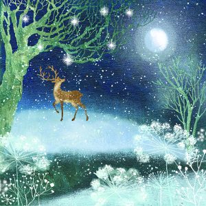 An illustration of a sparkly forest scene with a deer, the moon in the night sky and snowflakes.