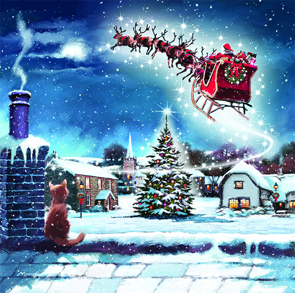 An illustration of Santa in his carriage taking off into a snowy night sky, just above a snow village. From the rooftop a ginger cat is watching.