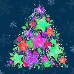 An illustration of a Christmas tree which is covered in brightly coloured, patterned stars.