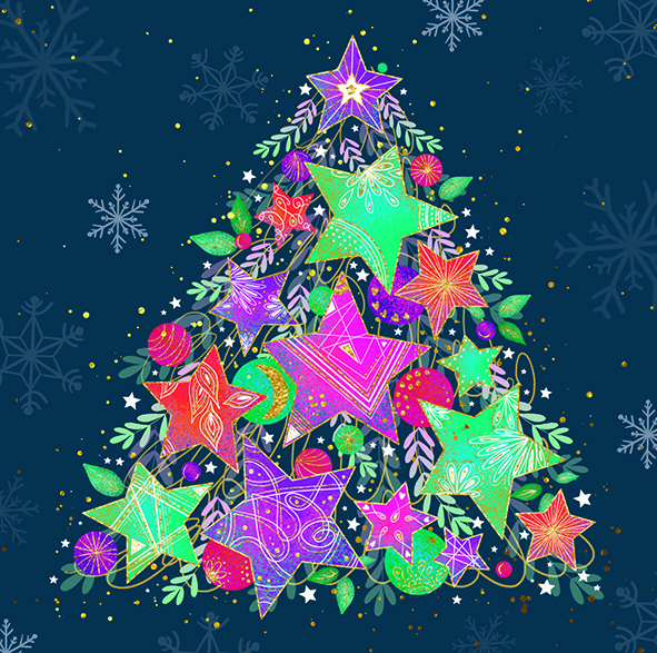 An illustration of a Christmas tree which is covered in brightly coloured, patterned stars.