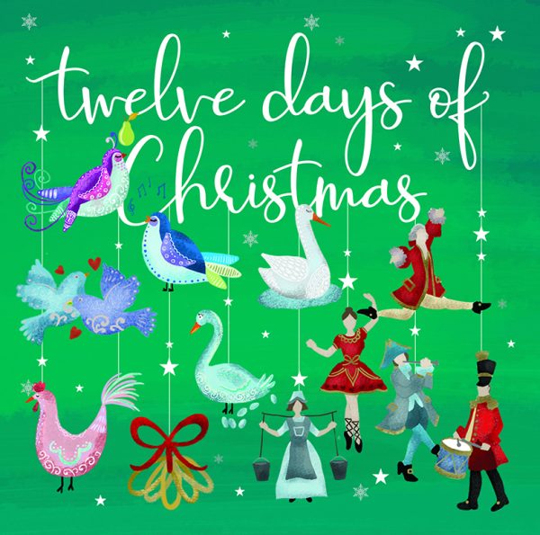 A green background with illustrations of the twelve days of Christmas icons. There is a milk maid, a duck laying eggs, five gold rings and more. Above the drawings the words 'twelve days of Christmas.'