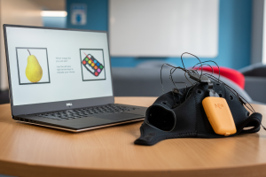 £12 Fastball donation image A laptop on a desk with the Fastball cap next to it.