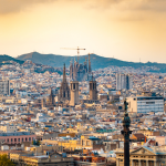 Barcelona panoramic view of the city from above, including the Sagrada Familia.