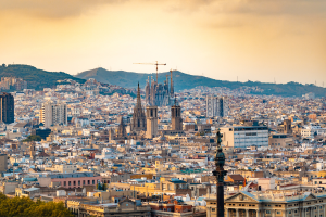 Barcelona panoramic view of the city from above, including the Sagrada Familia.