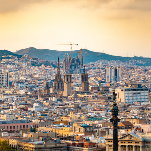 Barcelona panoramic view of the city from above, including the Sagrada Familia.