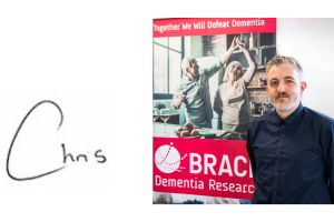 Email signature for autumn appeal email (2) Chris Williams' signature and a photo of Chris stood by a BRACE banner.