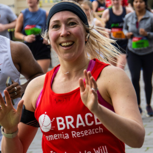 A runner in a BRACE t-shirt running the Bristol race.