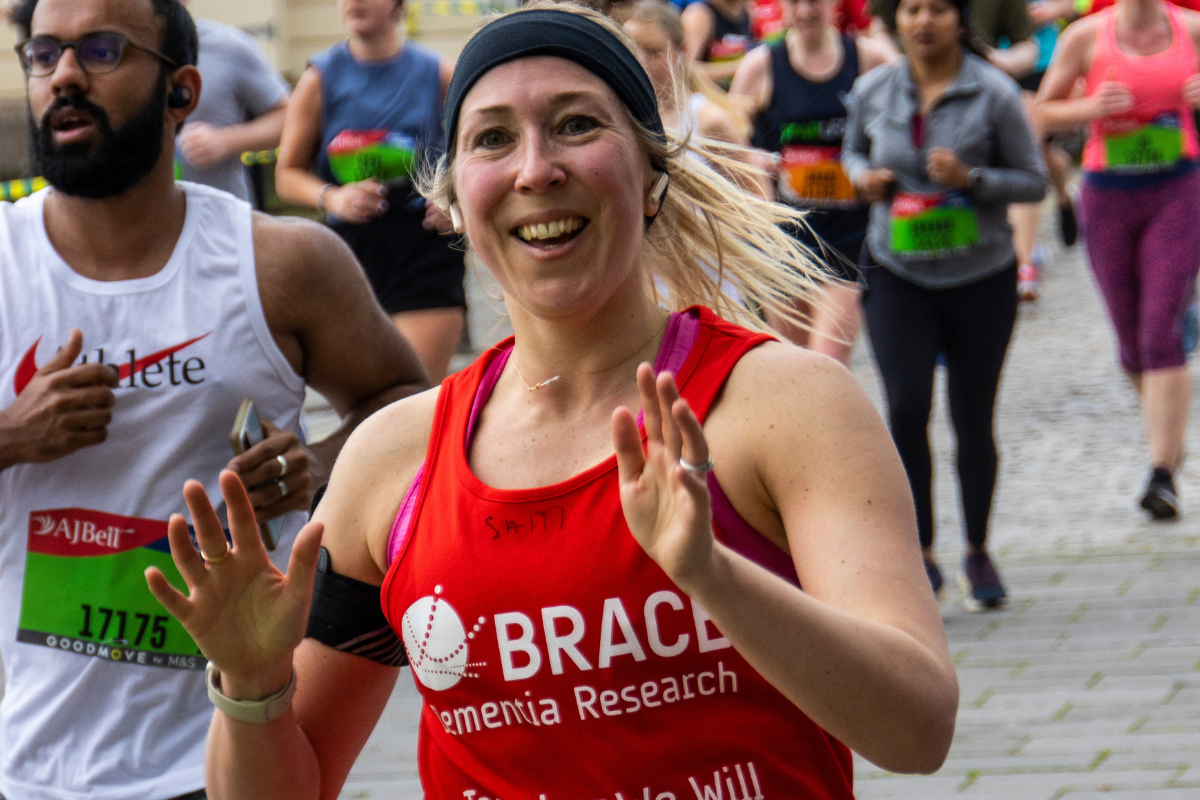 A runner in a BRACE t-shirt running the Bristol race.