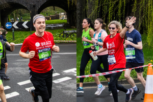 Two BRACE Bath Half runners, running the race in red BRACE t-shirts.