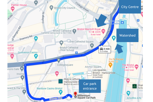 Let's Talk Dementia attendee event maps (2) A map showing the journey from Bristol City Centre to the Millennium Square Carpark.