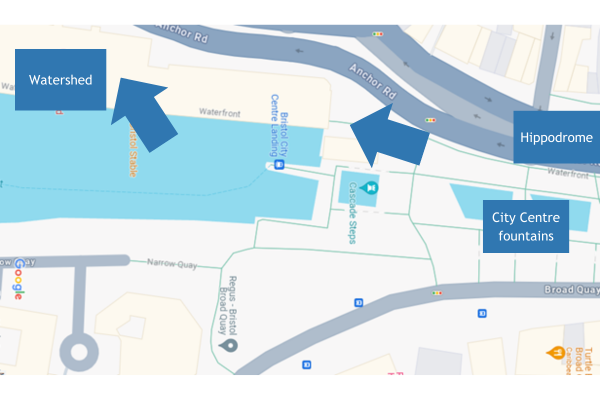 Let's Talk Dementia attendee event maps (3) A map showing the journey from Bristol City Centre to the Watershed.