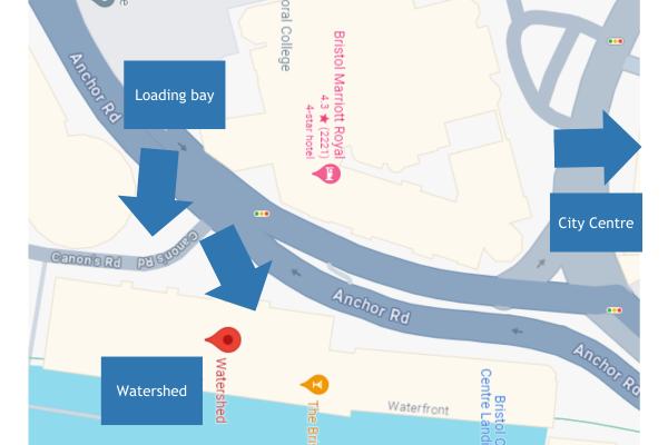 Let's Talk Dementia attendee event maps (4) A map showing the journey to the loading bay from Bristol City Centre, then to the Watershed.