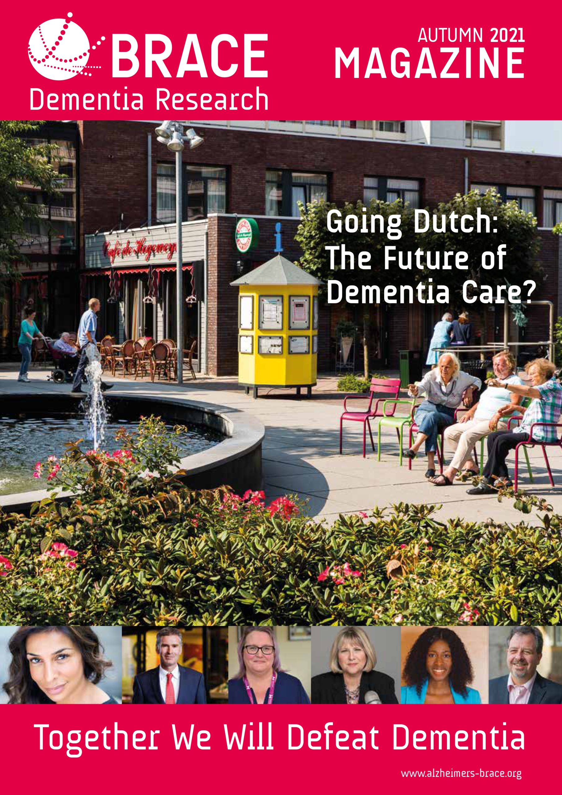 A picture of a sunny town square where elderly people are enjoying the sunshine, indicating the quality of life that Dementia research can offer
