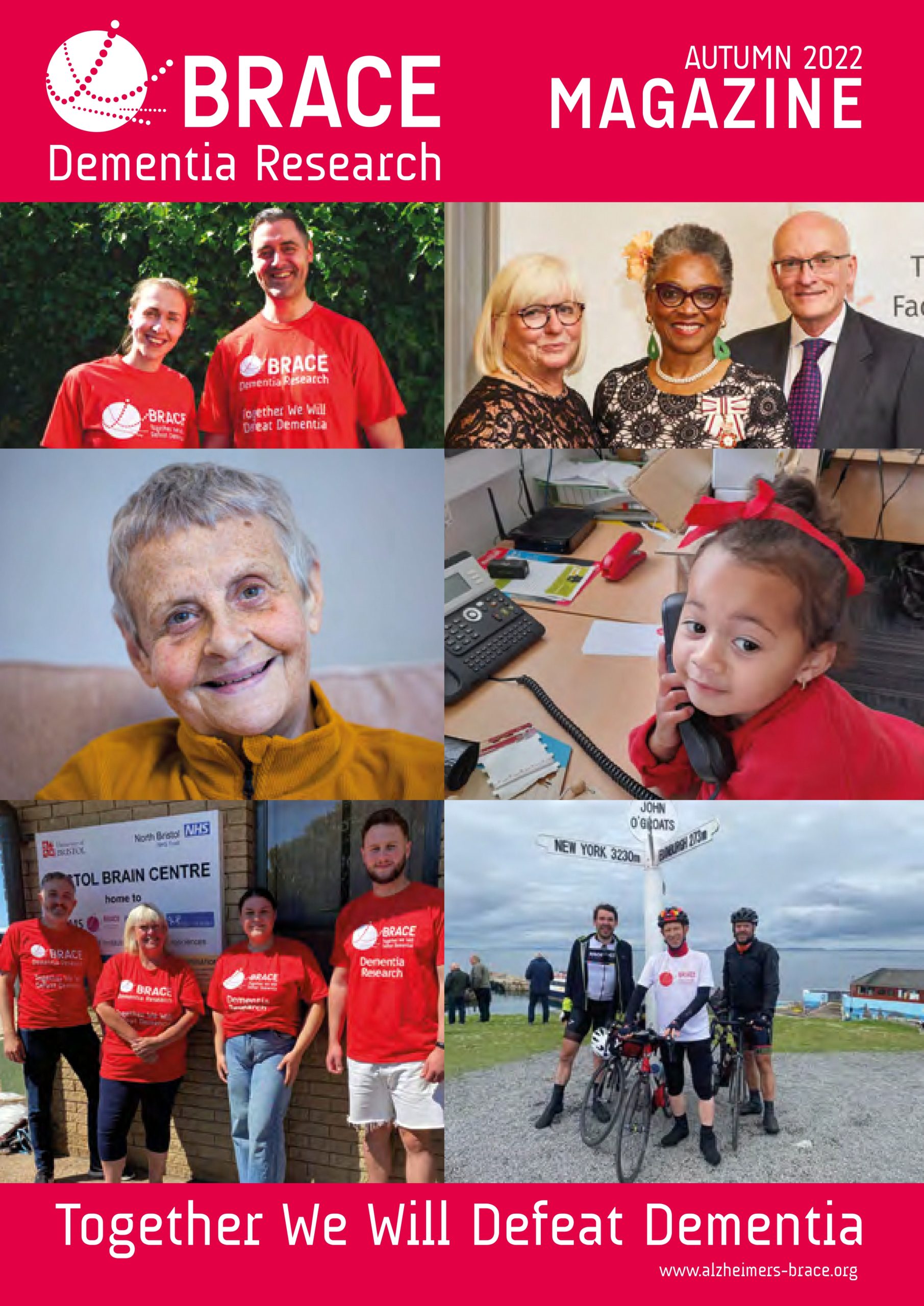 A collage of some of BRACE Dementia Research's supporters, including marathon runners, volunteers, sponsored cyclists and collaborators. The header reads BRACE Dementia Research and the footer reads "Together We Will Defeat Dementia"