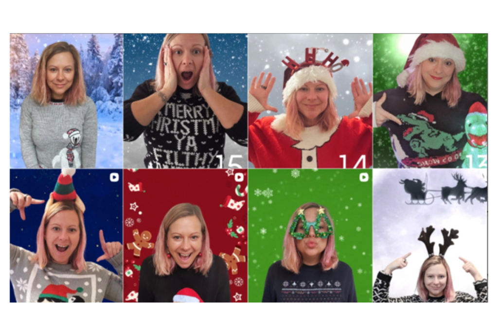 Eight photos of Zoey wearing different Christmas jumpers.