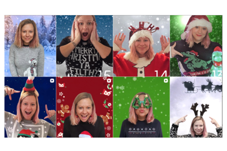 Eight photos of Zoey wearing different Christmas jumpers.