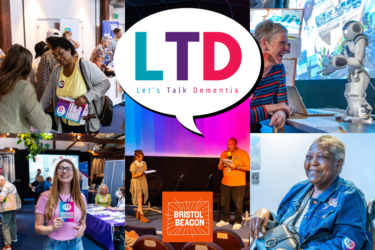 Five photos from previous Let's Talk Dementia events with the LTD & Bristol Beacon logo.